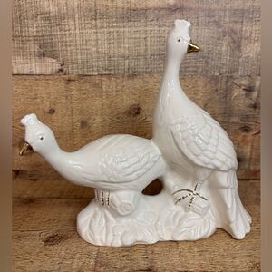 Vintage Ceramic Peacocks Pheasants Figure White & Gold 8”x9” Birds Mid-Century